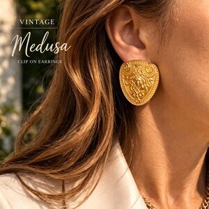 Vintage Medusa Shield Earrings Gold Statement Clip On Designer Style